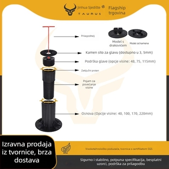 Univerzalna podrška s prilagodljivom glavom (0–5°), raspon 70–520 mm, nosivost 1–2 t, pogodna za izlaze, krove i terasne pločice