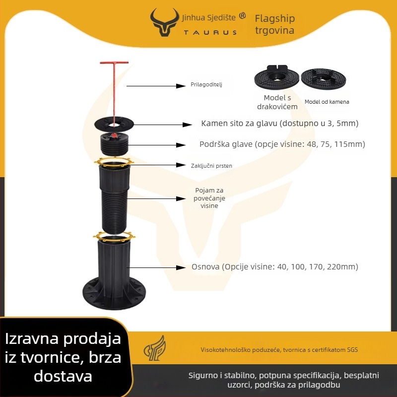Univerzalna podrška s prilagodljivom glavom (0–5°), raspon 70–520 mm, nosivost 1–2 t, pogodna za izlaze, krove i terasne pločice