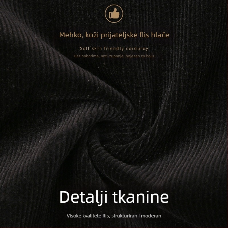 Muške hlače od corduroya, tapered kroj, podstavljene fleeceom, debele, visok pas (za muškarce srednje dobi)