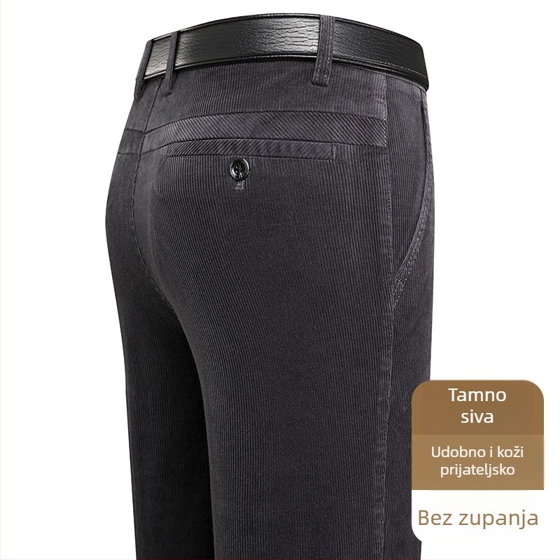 Muške hlače od corduroya, tapered kroj, podstavljene fleeceom, debele, visok pas (za muškarce srednje dobi)