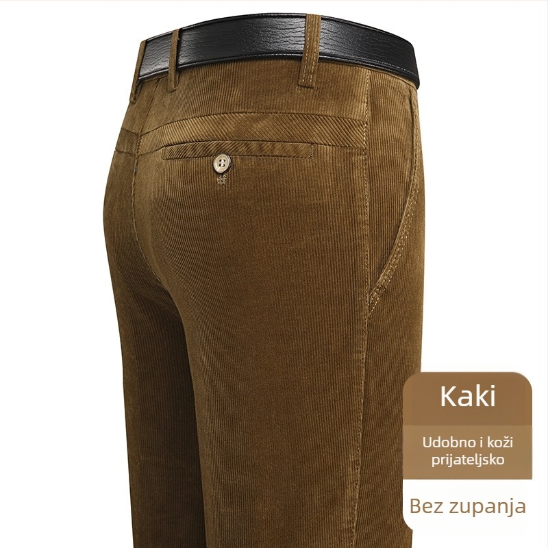 Muške hlače od corduroya, tapered kroj, podstavljene fleeceom, debele, visok pas (za muškarce srednje dobi)