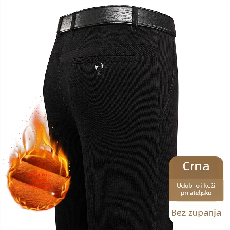 Muške hlače od corduroya, tapered kroj, podstavljene fleeceom, debele, visok pas (za muškarce srednje dobi)