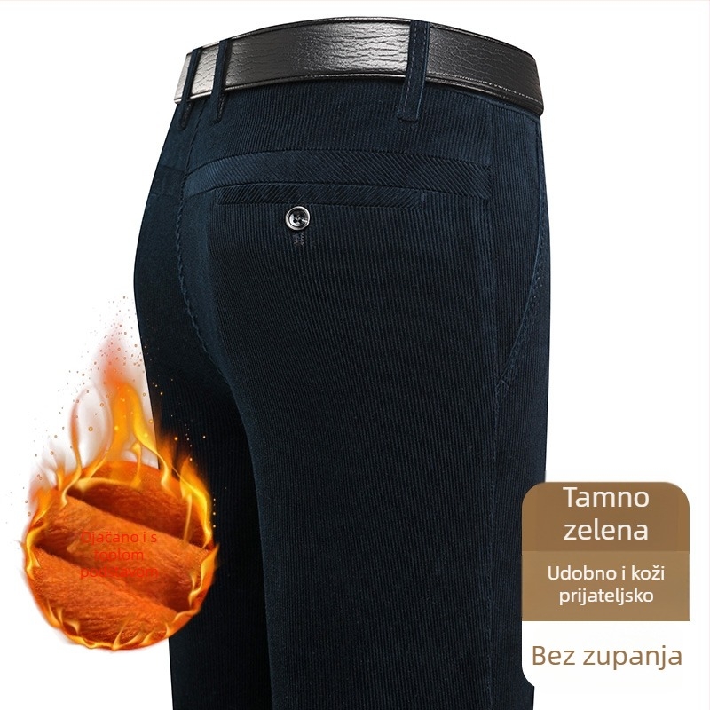 Muške hlače od corduroya, tapered kroj, podstavljene fleeceom, debele, visok pas (za muškarce srednje dobi)
