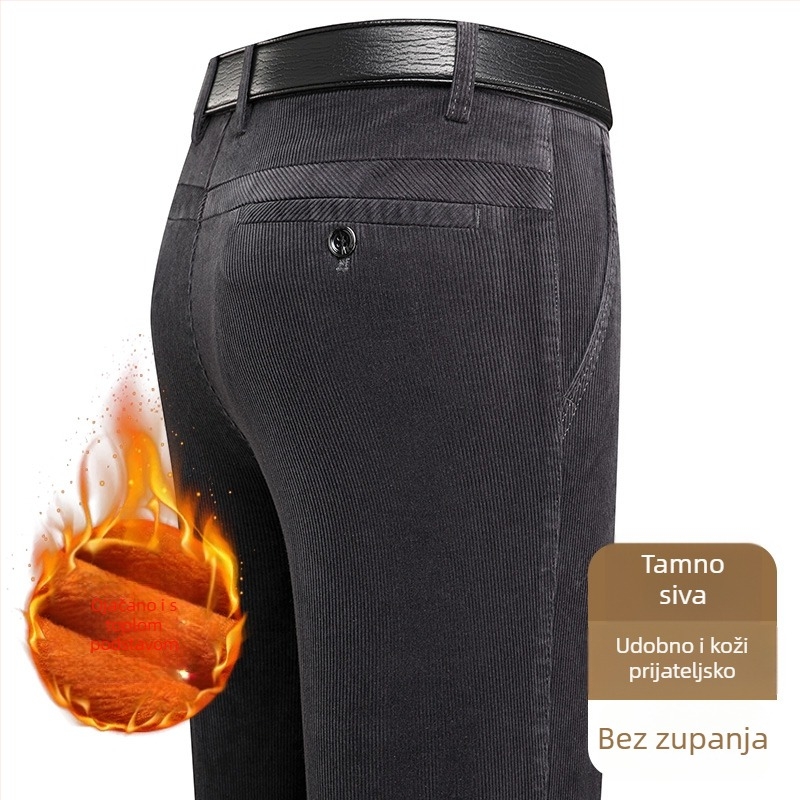 Muške hlače od corduroya, tapered kroj, podstavljene fleeceom, debele, visok pas (za muškarce srednje dobi)