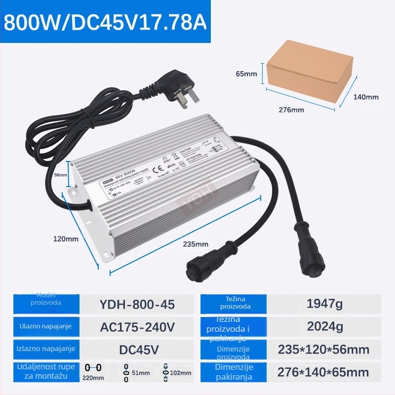 Napajanje za ultrazvučni ovlaživač – 100W–800W, DC36V/45V/48V, IP67 vodootporno, Preklopno napajanje, CE ROHS