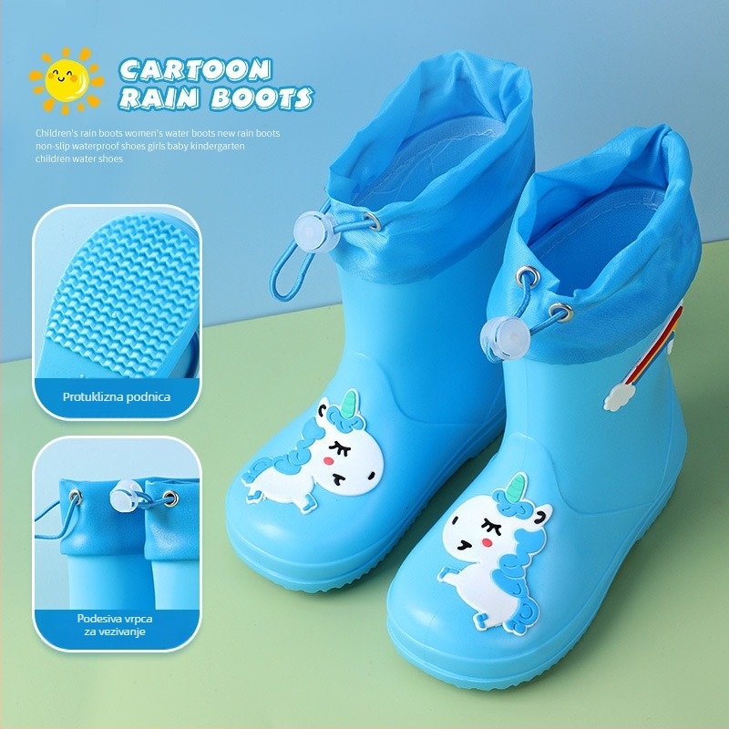 Dječje kišne čizme, srednje visoke, PVC gornji dio, vodootporne, protuklizna potplata, unutarnja pamučna podstava, za dob od 6 mjeseci do 6 godina