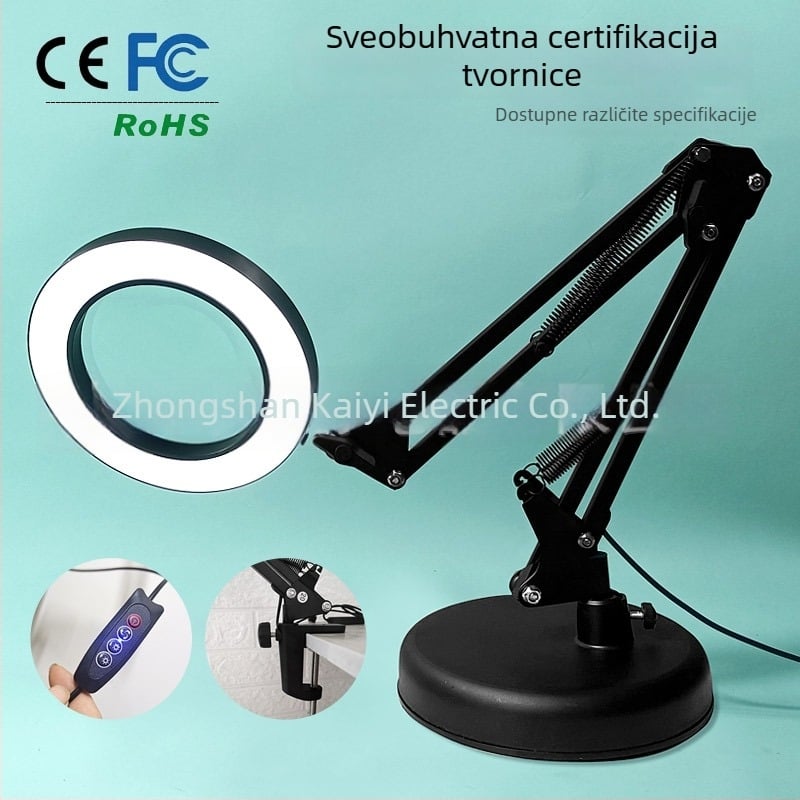 LED stolna lampa s sklopnim povečalom – svjetlo za čitanje i održavanje, USB napajanje 12W, metalni sjenilnik, CE certifikat