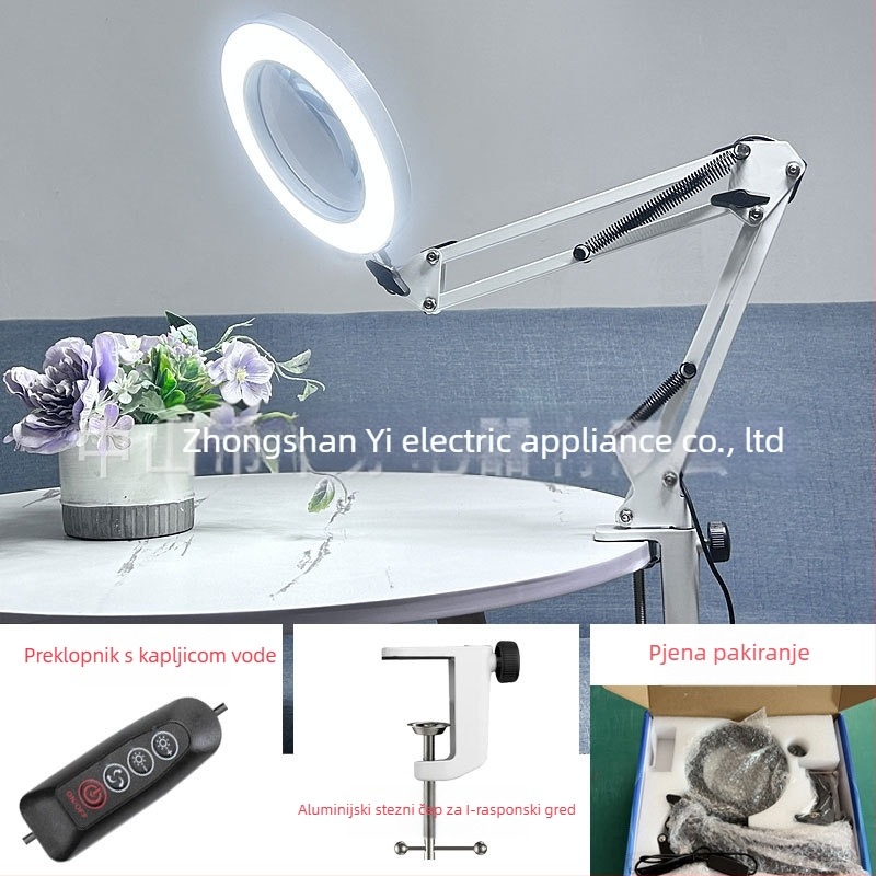 LED stolna lampa s sklopnim povečalom – svjetlo za čitanje i održavanje, USB napajanje 12W, metalni sjenilnik, CE certifikat