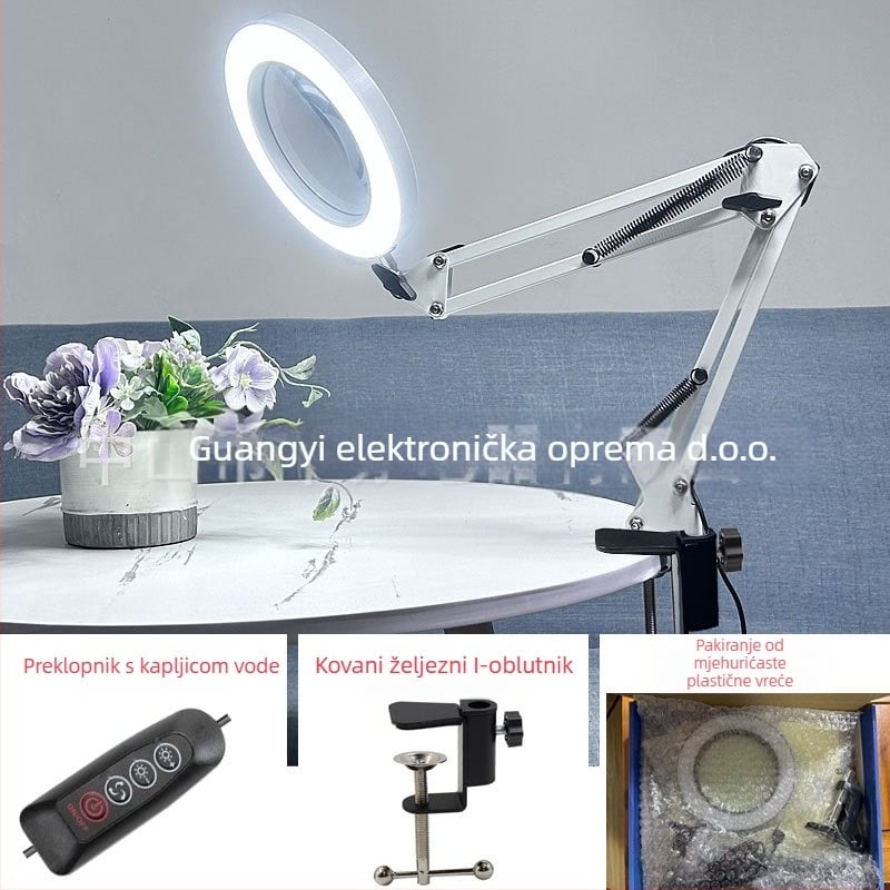 LED stolna lampa s sklopnim povečalom – svjetlo za čitanje i održavanje, USB napajanje 12W, metalni sjenilnik, CE certifikat