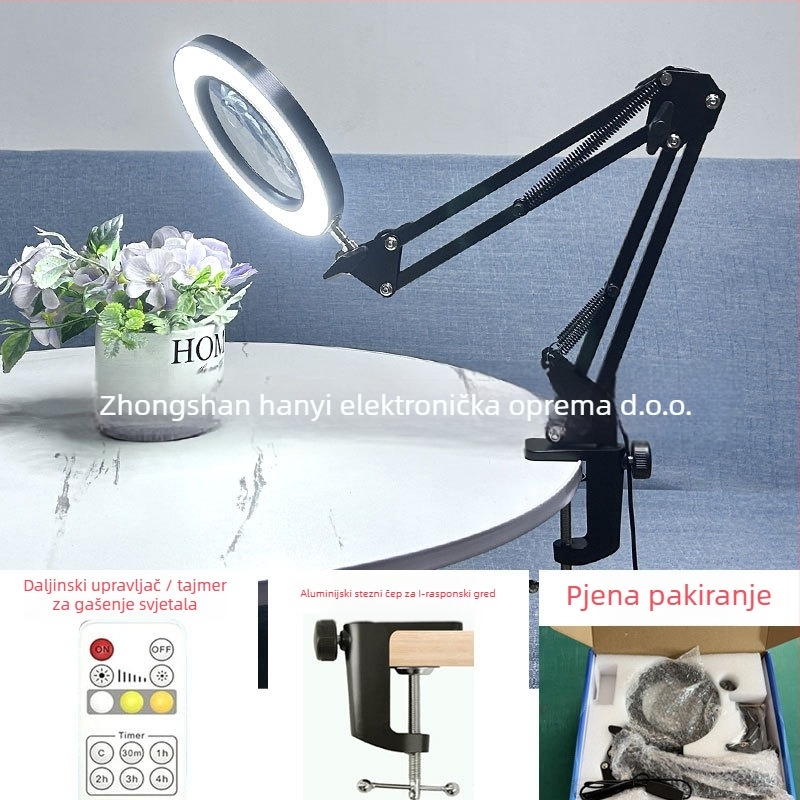 LED stolna lampa s sklopnim povečalom – svjetlo za čitanje i održavanje, USB napajanje 12W, metalni sjenilnik, CE certifikat