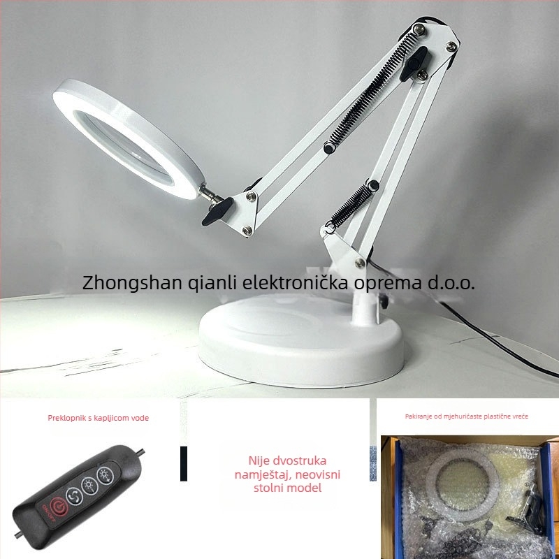 LED stolna lampa s sklopnim povečalom – svjetlo za čitanje i održavanje, USB napajanje 12W, metalni sjenilnik, CE certifikat