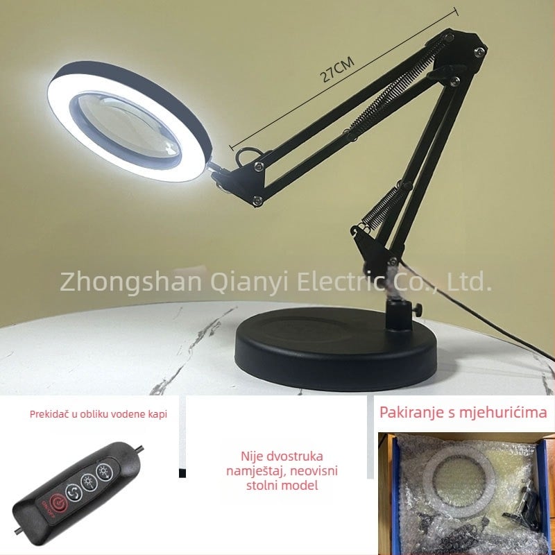 LED stolna lampa s sklopnim povečalom – svjetlo za čitanje i održavanje, USB napajanje 12W, metalni sjenilnik, CE certifikat
