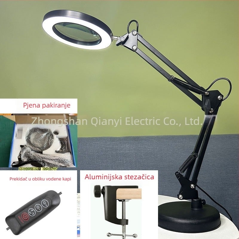 LED stolna lampa s sklopnim povečalom – svjetlo za čitanje i održavanje, USB napajanje 12W, metalni sjenilnik, CE certifikat