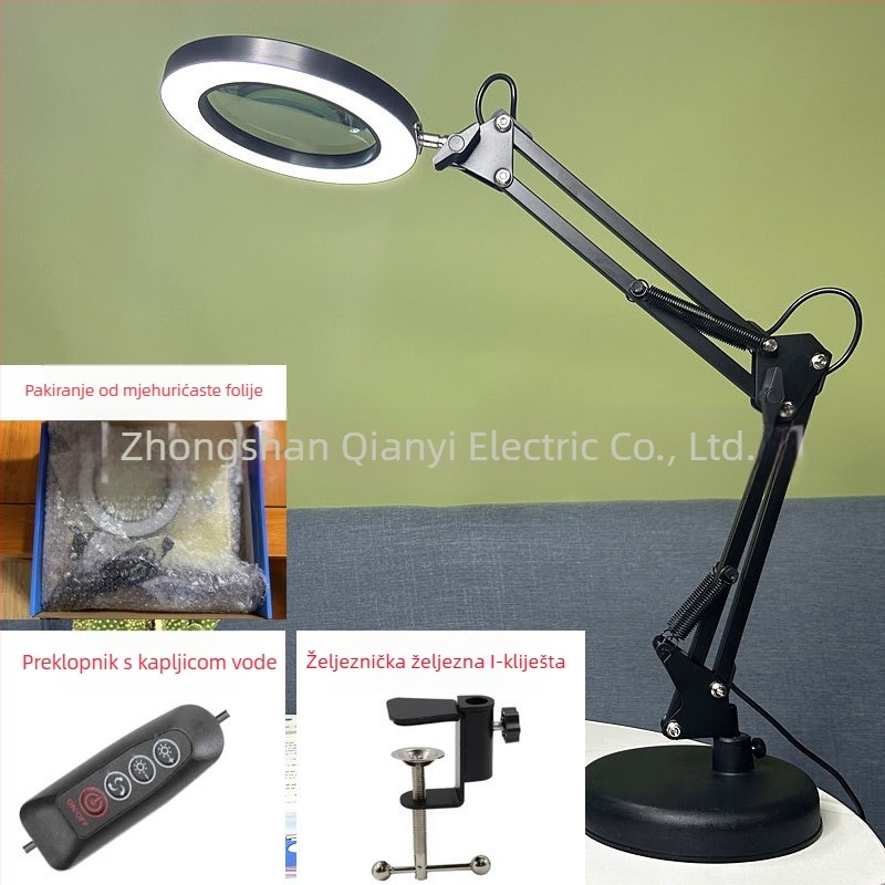 LED stolna lampa s sklopnim povečalom – svjetlo za čitanje i održavanje, USB napajanje 12W, metalni sjenilnik, CE certifikat