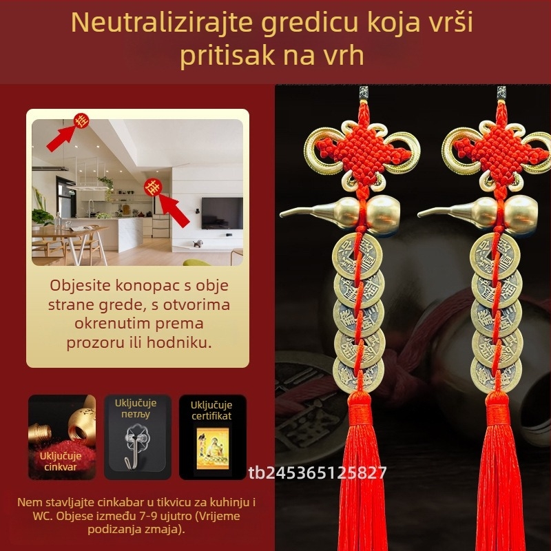 Mesingeni dekorativni predmet za krevet u kineskom stilu s motivom bundeve i privjeskom s novčićima Pet carova