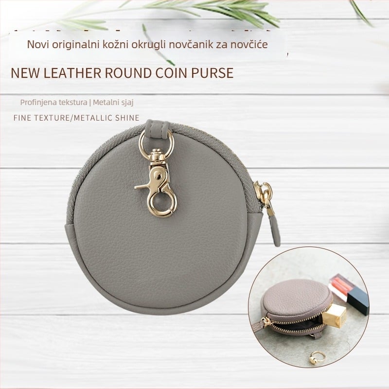 Kožni okrugli novčanik s pretincem za slušalice, unisex, gradski minimalistički stil