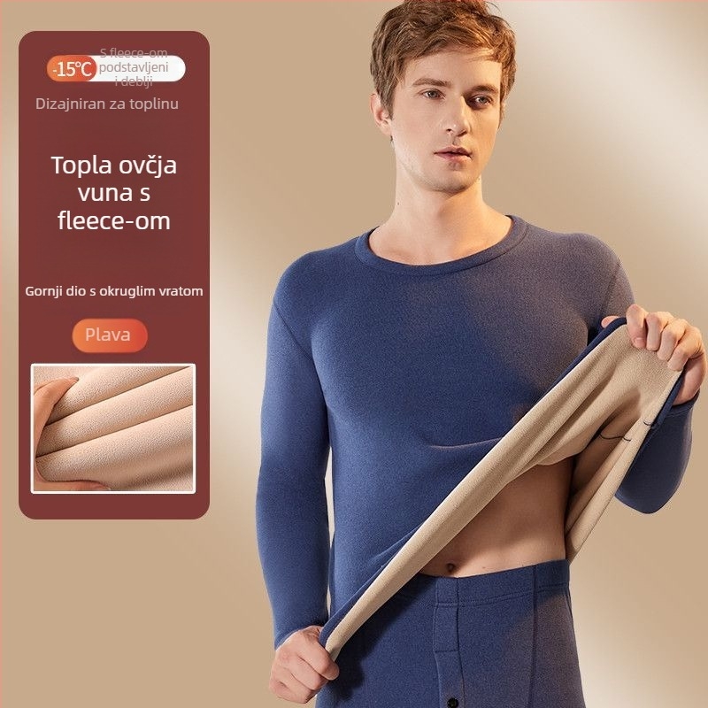 Muški termalni komplet donjeg rublja s flisom od janjeće vune, izuzetno debeli materijal (501-600 g/m²), 90-95% akril, dugi rukavi, ovratnik s jednom linijom