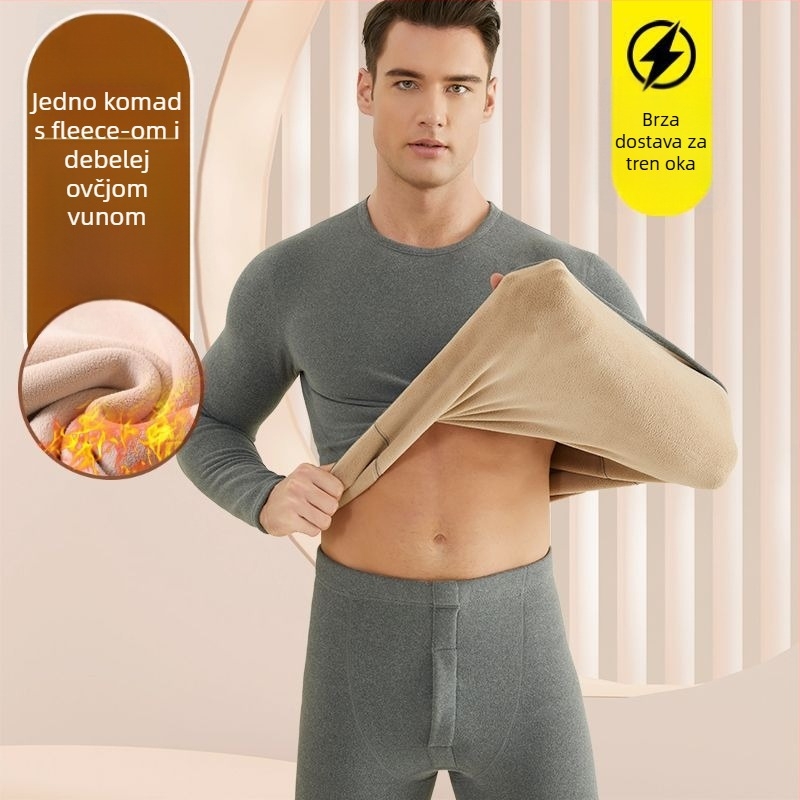 Muški termalni komplet donjeg rublja s flisom od janjeće vune, izuzetno debeli materijal (501-600 g/m²), 90-95% akril, dugi rukavi, ovratnik s jednom linijom