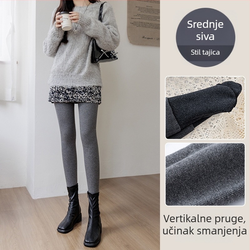 Pamuk leggings s fleece podstavom, visokim strukom, uskim krojem, ribovanom teksturom, srednje debljine