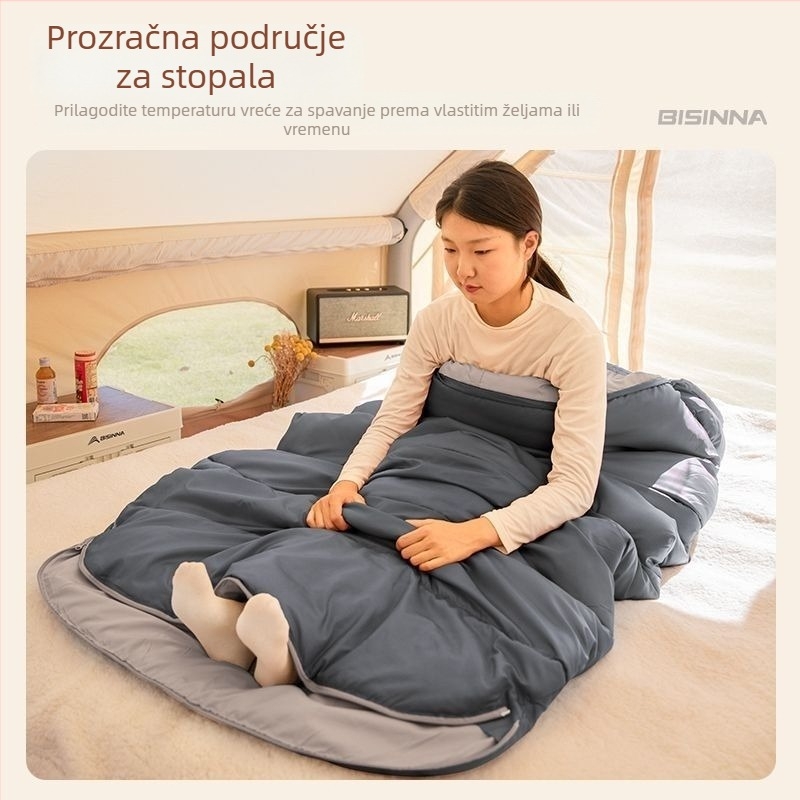 Spavaća vreća za odrasle, vanjska, široka i debela, sveobuhvatno godišnje, prijenosna, u obliku omotača; materijal: najlon; podstava: poliester-pamuk
