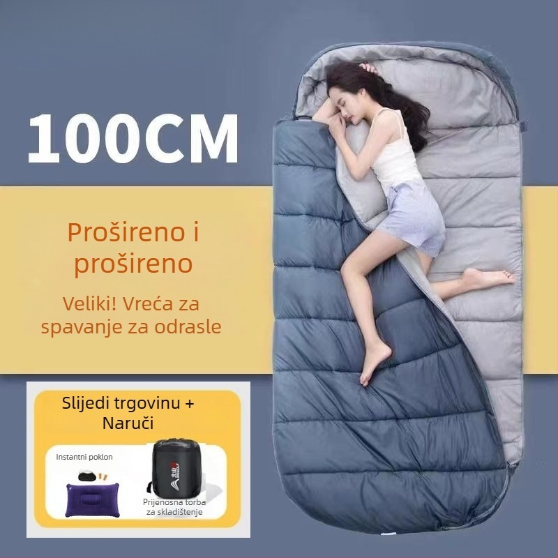 Spavaća vreća za odrasle, vanjska, široka i debela, sveobuhvatno godišnje, prijenosna, u obliku omotača; materijal: najlon; podstava: poliester-pamuk