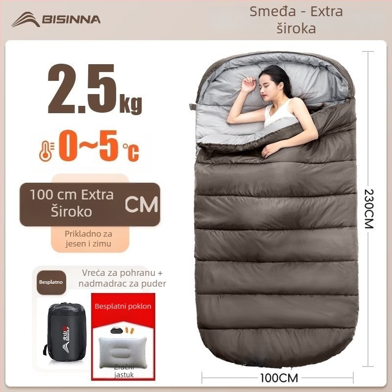 Spavaća vreća za odrasle, vanjska, široka i debela, sveobuhvatno godišnje, prijenosna, u obliku omotača; materijal: najlon; podstava: poliester-pamuk