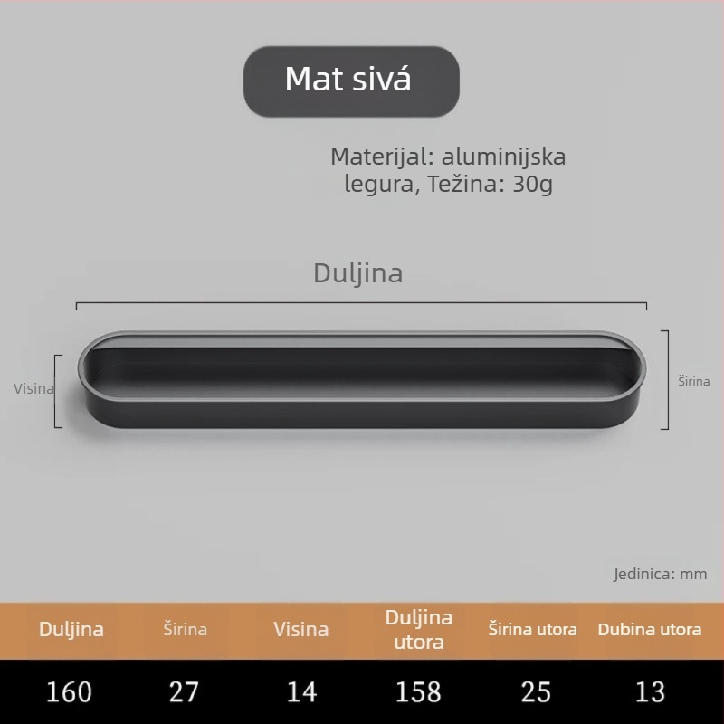 Nevidljiva ugrađena ručka za vrata ormarića — aluminijska legura, premaz sprejom, moderni minimalistički stil