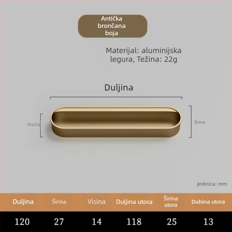 Nevidljiva ugrađena ručka za vrata ormarića — aluminijska legura, premaz sprejom, moderni minimalistički stil