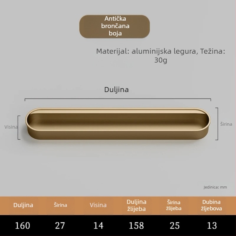 Nevidljiva ugrađena ručka za vrata ormarića — aluminijska legura, premaz sprejom, moderni minimalistički stil