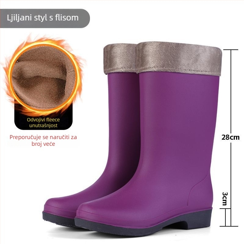 Ženske visoke PVC čizme za kišu s fleece podstavom, vodootporne i protuklizne, s malim petom 1-3 cm, za sve sezone