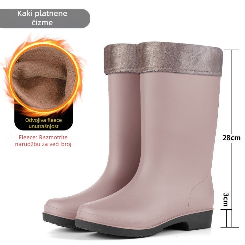 Ženske visoke PVC čizme za kišu s fleece podstavom, vodootporne i protuklizne, s malim petom 1-3 cm, za sve sezone
