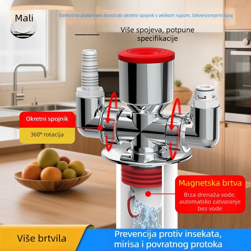 Trostruki odvodni spoj perilice rublja s ABS, 20 mm izlazni promjer, 60 mm visina vodene brtvila, radna temperatura -20 do 90, montaža ručnim pritiskanjem