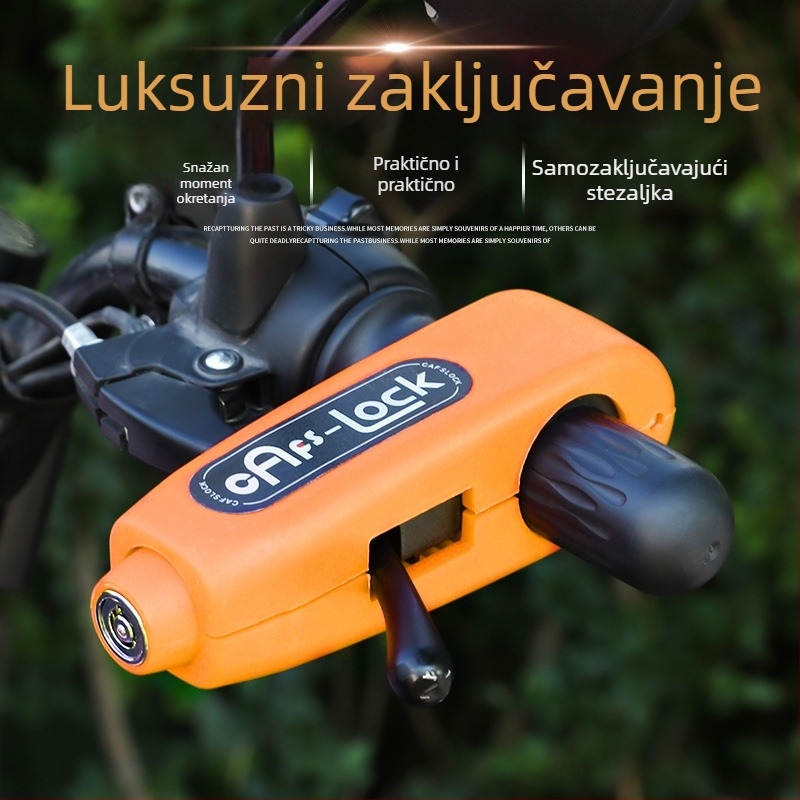 Zaključavanje upravljača s alarmom – klasični model; materijal aluminijska legura / bakar; kompatibilno s električnim vozilima, motociklima i triciklima; težina 0.2 kg