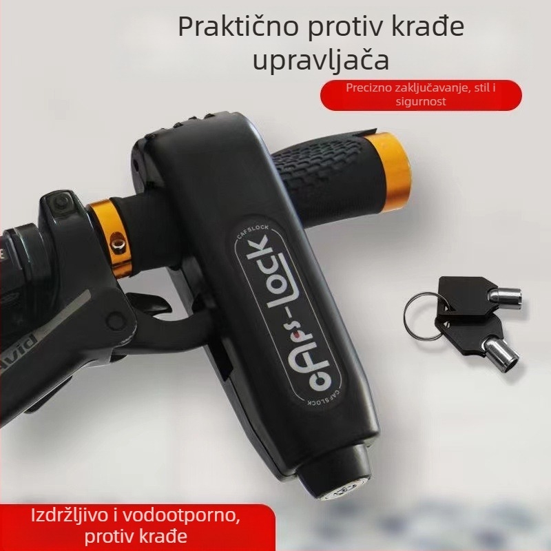 Zaključavanje upravljača s alarmom – klasični model; materijal aluminijska legura / bakar; kompatibilno s električnim vozilima, motociklima i triciklima; težina 0.2 kg