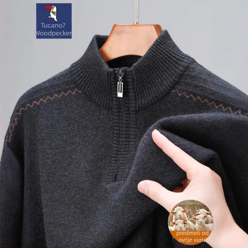 Pulover od čiste vune s polu-zipom, debeli jacquard pleteni uzorak, udoban kroj za muškarce srednje dobi