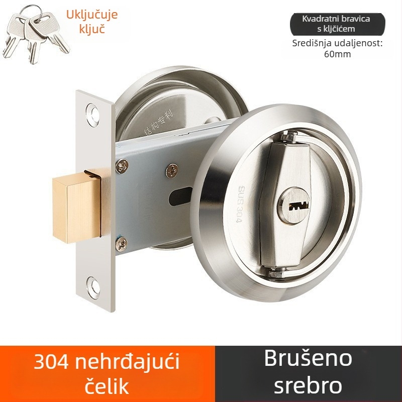 Skrivena brava za vrata od 304 nehrđajućeg čelika s ključem, ugrađena ručka, okrugla ploča za zid