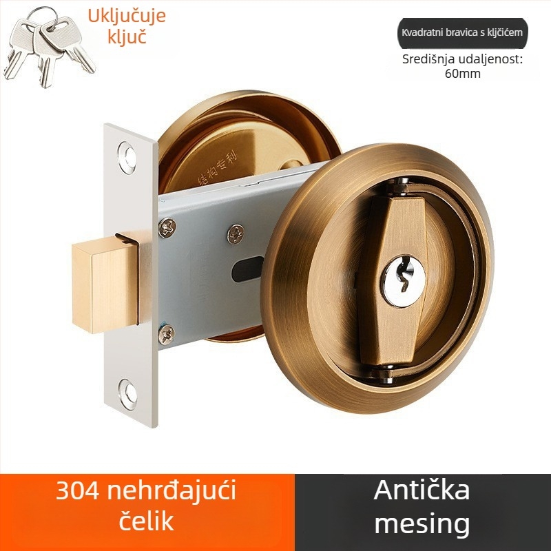 Skrivena brava za vrata od 304 nehrđajućeg čelika s ključem, ugrađena ručka, okrugla ploča za zid