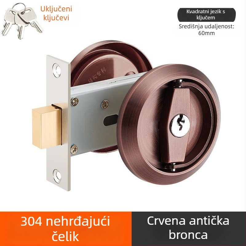 Skrivena brava za vrata od 304 nehrđajućeg čelika s ključem, ugrađena ručka, okrugla ploča za zid