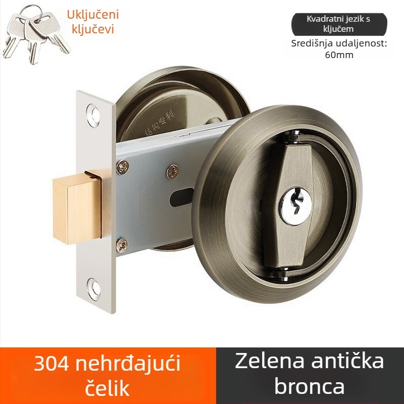 Skrivena brava za vrata od 304 nehrđajućeg čelika s ključem, ugrađena ručka, okrugla ploča za zid
