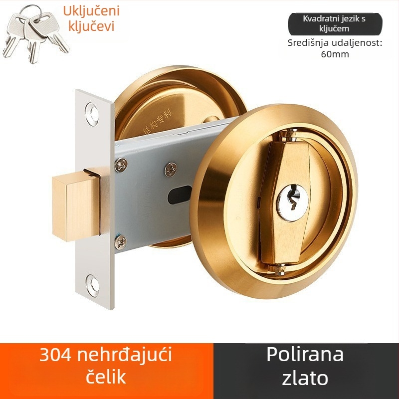 Skrivena brava za vrata od 304 nehrđajućeg čelika s ključem, ugrađena ručka, okrugla ploča za zid