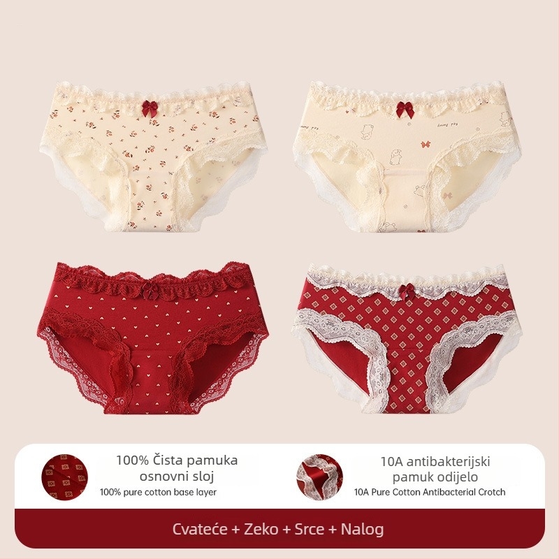 Pamukaste čipkaste gaćice u trokutičnom kroju za tinejdžerice – antibakterijske, 95–100% pamuk, srednji porast struka, cvjetni uzorak, godina zodijaka konj