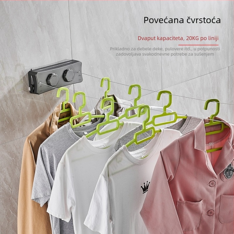 Izvlačna sušilica za rublje, bez bušenja, nevidljiva na zidu, za unutarnji balkon – ABS + aluminijska legura + čelična žica