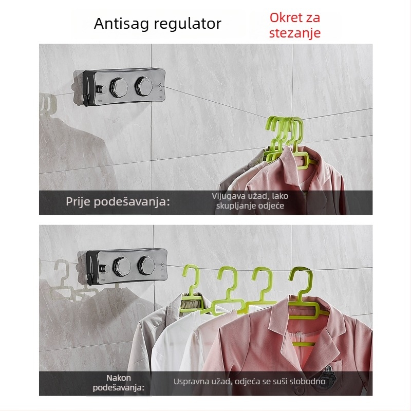Izvlačna sušilica za rublje, bez bušenja, nevidljiva na zidu, za unutarnji balkon – ABS + aluminijska legura + čelična žica