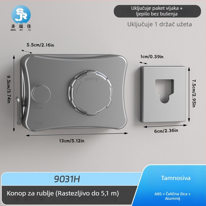 Izvlačna sušilica za rublje, bez bušenja, nevidljiva na zidu, za unutarnji balkon – ABS + aluminijska legura + čelična žica