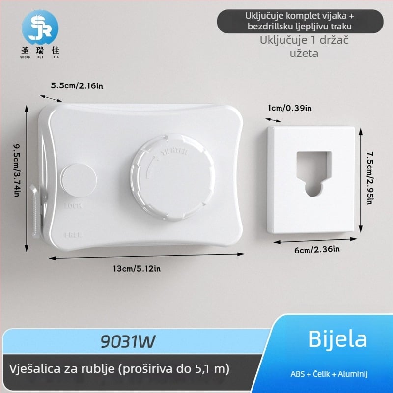 Izvlačna sušilica za rublje, bez bušenja, nevidljiva na zidu, za unutarnji balkon – ABS + aluminijska legura + čelična žica