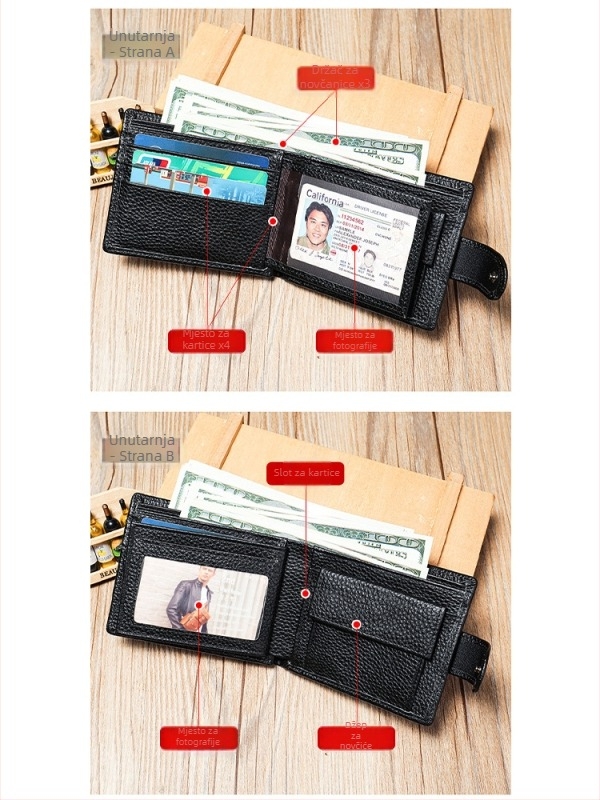 Muški kožni kratki novčanik s višestrukim pretincima za kartice, dvostruka teleća koža, 2 preklopa, jedinstven jednofarban uzorak, podstava od poliestera-pamuka, otporan na habanje i proširiv