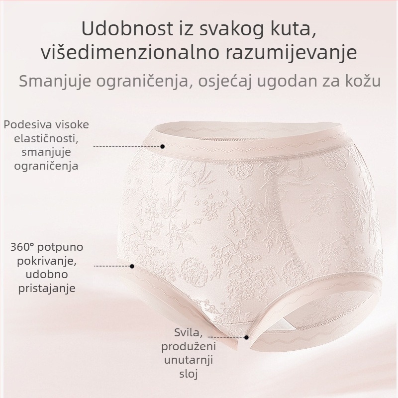 Ženske čipkaste gaćice visokog truka, prozračne i antibakterijske; glavni materijal 80–90% najlona; podstava 90–95% viskoze; uzorak: slomljeno cvijeće