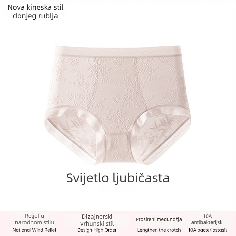 Ženske čipkaste gaćice visokog truka, prozračne i antibakterijske; glavni materijal 80–90% najlona; podstava 90–95% viskoze; uzorak: slomljeno cvijeće