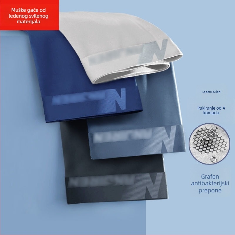 Muške boxerice od ledenog svile s grafenom antibakterijskom zaštitom, brzo se suše i prozračan, pleteni poliester materijal, srednji pojas