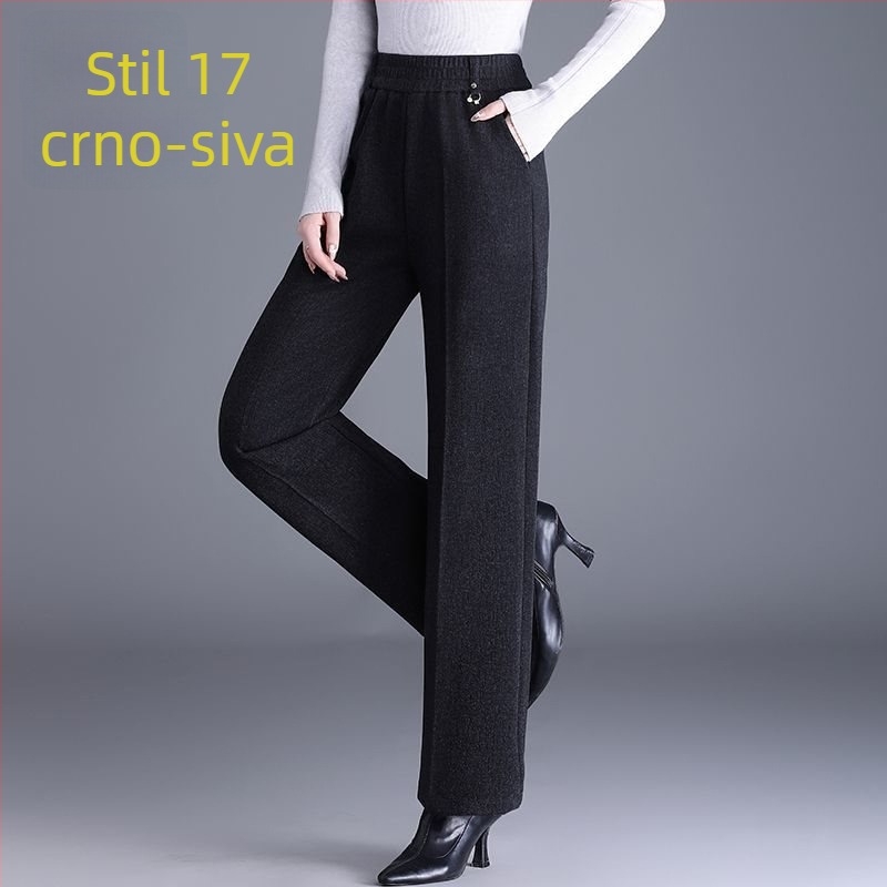 Ženske ravne hlače za jesen-zimu, visok pojas, s džepovima, tkani materijal s postotkom vune 70-80%, mercerizirani završni sloj.